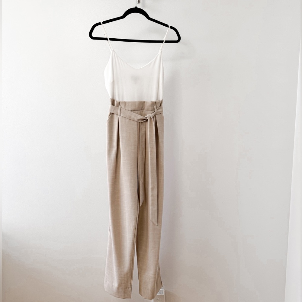 & Merci Elegant Tie Waist Sleeveless Straight‎ Leg Jumpsuit White Cream Small